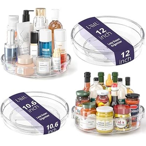LAMU 4 Pack Lazy Susan Organizer, Clear Lazy Susan Turntable for Cabinet, Refrigerator, Table Top, Kitchen, Bathroom, Pantry Organizers and Storage, 2 Sizes Included 12in, 10.6in