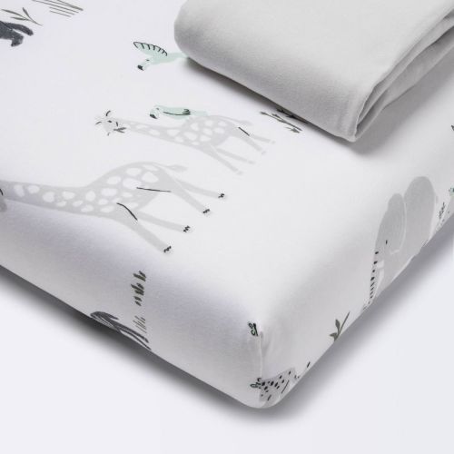Fitted Play Yard Jersey Sheet 2pk - Cloud Island™ Two By Two Animals And Solid Gray