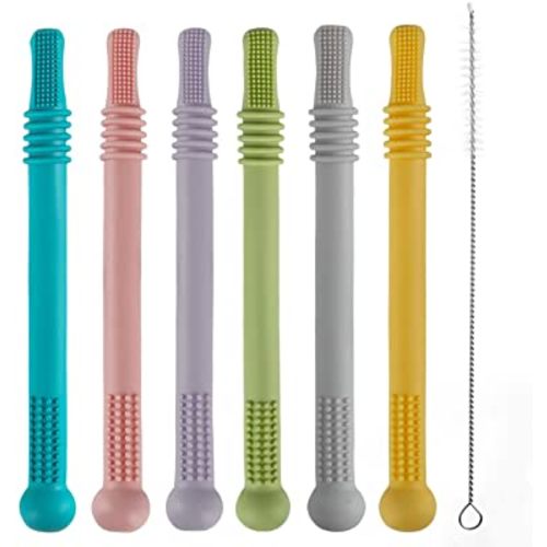 Fu Store Hollow Teether Tube, 6 Pack Chew Straw Toy for Infant Toddlers Silicone Tubes Teething Toys for Babies 3-12 Months BPA Free/Freezable/Dishwasher and Refrigerator Safe