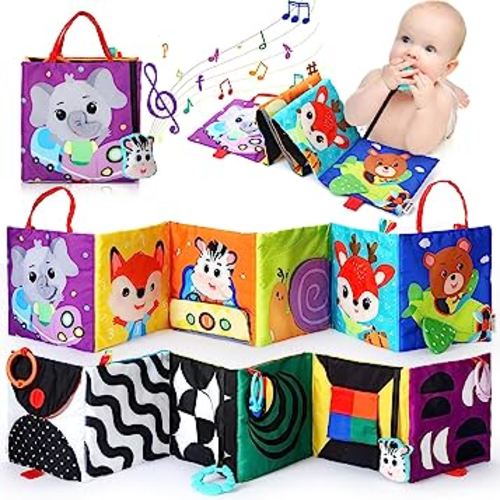 Lolyer Baby Books Toys 0-6 Months, High Contrast Soft Book for Baby Tummy Time, Infant Newborn Crinkly Sounds Cloth Book Toys for Baby Brain Development with Mirror&Teether and Music Box