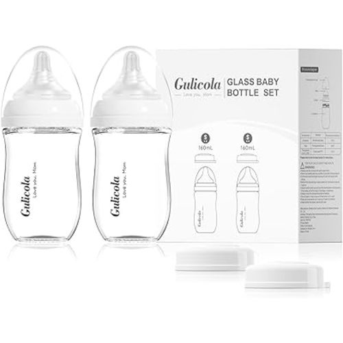 Natural Glass Baby Bottle for Breastfeeding Babies, Newborn Anti-Colic Bottle Set with Slow Flow Nipple, 0-3 Months, 5 oz, 2 Pack - White