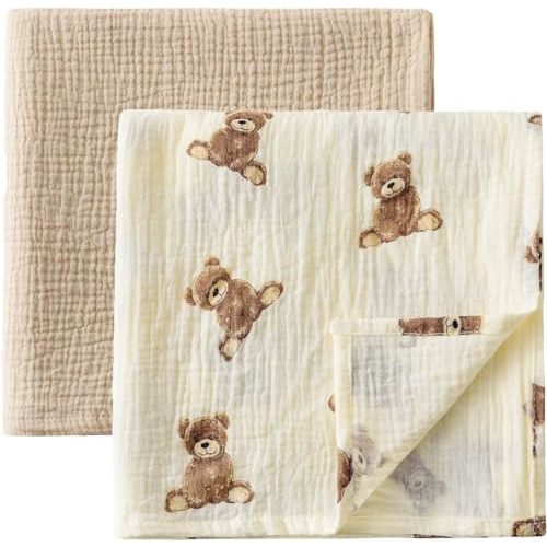 Little Jump 2-Pack Cotton Muslin Swaddle Blankets for Baby Boys Girls Unisex - Boho Teddy Bear Baby Blanket Nursery Swaddling Blankets- Large 47 x 47 inches Receiving Blanket Neutral (Teddy Bear)