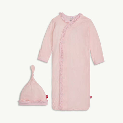 pin dot pink modal magnetic cozy sleeper gown + hat set with ruffles