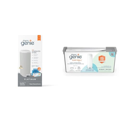 Bundle of Diaper Genie Platinum Pail (Stone Grey) + Easy Roll Refill (18 Bags)