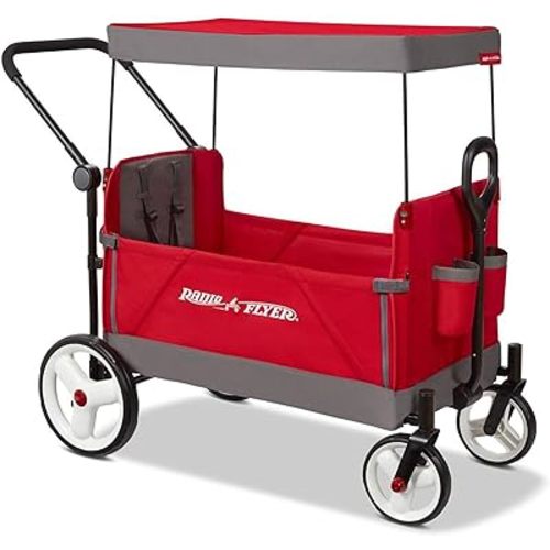 Radio Flyer Stroller Wagon with 5-Point Harnesses, Rear Brake, and Push Pull Handle, Red