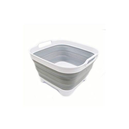SAMMART 10L (2.64 Gallon) Collapsible Dishpan with Draining Plug, White/Grey