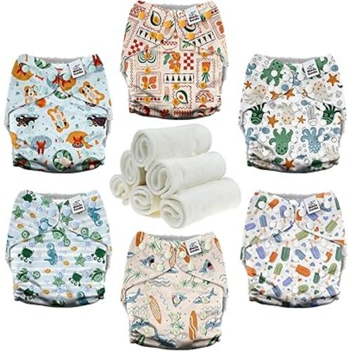 Mama Koala 3.0 Cloth Diapers for Babies with AWJ Lining, 6 Pack with 6 Natural Cloth Diaper Inserts - Reusable and Washable Pocket Diapers (in The Sea)