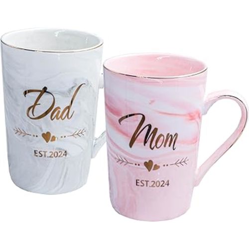 Dad and Mom Couple Mugs - New Parents Gifts First Time Pregnancy Gifts EST 2024 Dad and Mom Coffee Mug Set- Elegant Gifts for Baby Shower Mother's Day Father's Day - 12.5oz Ceramic Coffee Cup