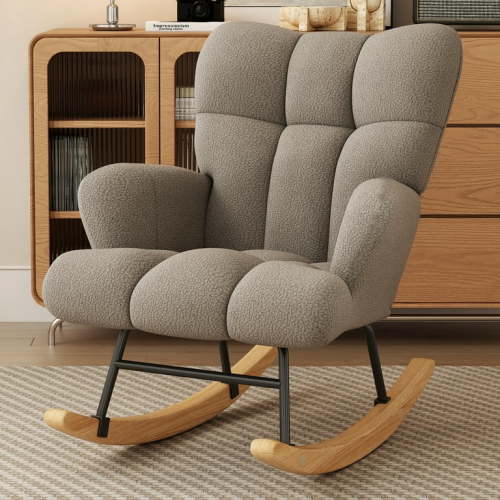 Glider Rocking Chair for Nursery, Teddy Fabric Soft Upholstered Glider Rocker Armchair with High Backrest Accent Chairs for Nursery, Living Room, Bedroom (Brown)