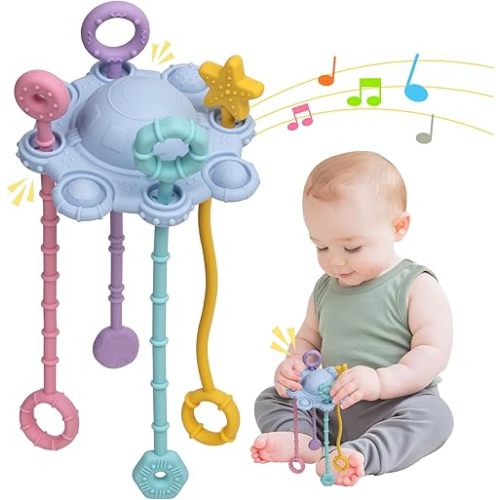 Montesorri-Toys - Pull String Toys for Baby - Made of 100% Food Grade Silicone with Built-in Rattle Function and Easy to Clean Design (Blue)