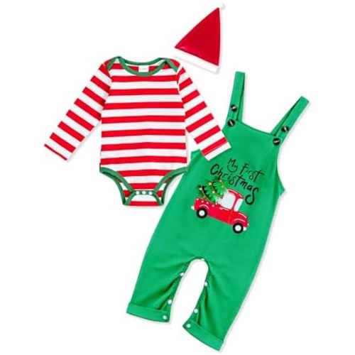 Baby Boy Christmas Outfit My First Christmas Red Striped Long Sleeve Top Green Overalls Christmas Hat 3 Piece Set