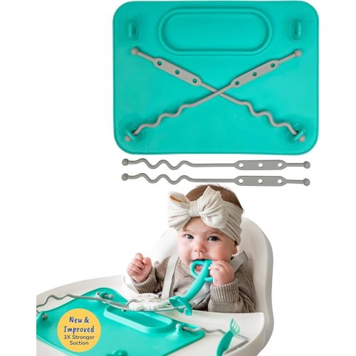 BUSY BABY Silicone Mat - NEW and Improved Suction Cups, 4 Straps to Secure Baby Essentials, Self Feeding, Baby Led Weaning, Travel Sleeve Included (Spearmint)