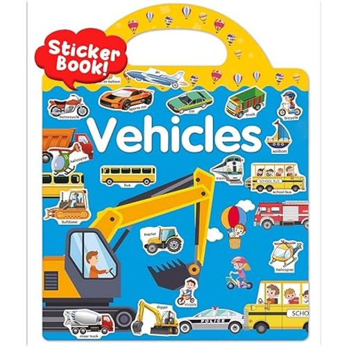 Reusable Sticker Book, Travel Stickers for Kids, Waterproof Sticker Books, Crafts Activities for Toddlers 3 4 5 Year Old, Vehicles