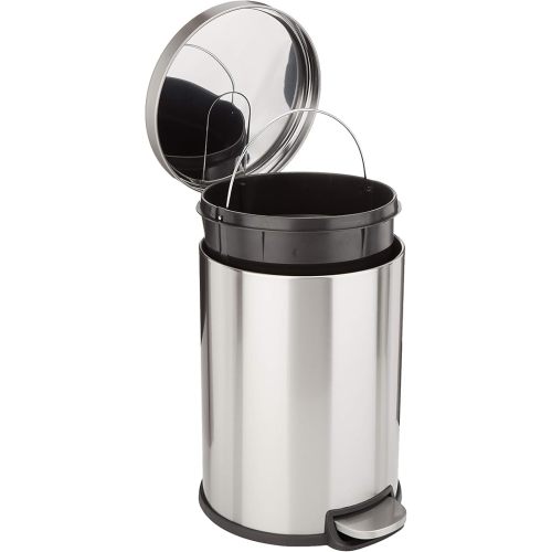 Amazon Basics Round Cylindrical Home Office Trash Can With Soft-Close Foot Pedal, 20 liter/5.3 gallon, Brushed Stainless Steel