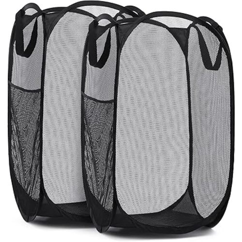 Handy Laundry Collapsible Mesh Pop Up Hamper with Wide Opening and Side Pocket – Breathable, Sturdy, Foldable, and Space-Saving Design for Clothes and Storage. (Black | 2-Pack)