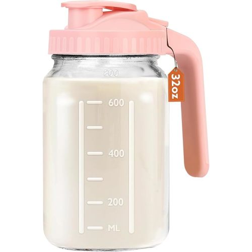 Breast Milk Pitcher, 32 OZ Mason Jar Pitcher with Lid Double Leak Proof,1 Quart Breastmilk Storage Containers for Fridge, Glass Jug for Sun Tea, Juice, Cold Brew Coffee