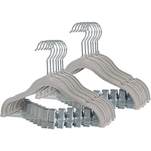 Finnhomy Non-Slip Clothes Hangers for Baby and Kids 20-Pack Velvet Hangers with Movable Clips, Heavy-Duty and Space-Saving for Pants,Skirts, Coat, Gray
