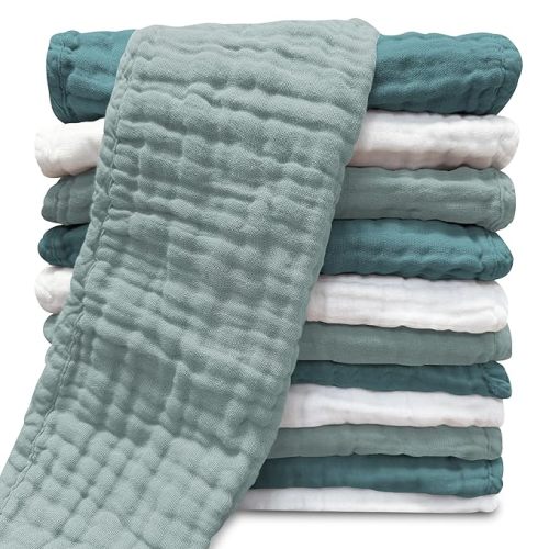 Muslin Burp Cloths, 100% Cotton - 12 Pack - White+Light Emerald Series