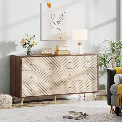 Tribesigns Wooden Drawer Organizer Cabinet Unit with Solid Wood Legs, Wide Storage Tower with 6 Drawers for Living Room, Guest Room, Entryway