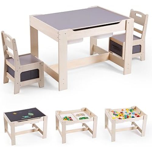 4 in 1 Toddler Table and Chair Set, Wood Kids Activity Play with Toy Storage, 2 Drawers, Detachable Tabletop for Crafting, Reading, Dining, Sensory Table w/Bins for Home, Nursery (Natural)