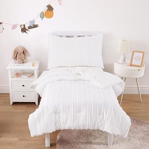 Wake In Cloud - Boho Toddler Bedding Set for Boys Girls, 4 Pieces Soft Crib Bed Set Including Comforter, Sheets and Pillowcase, Striped Tufted Soft Microfiber, White