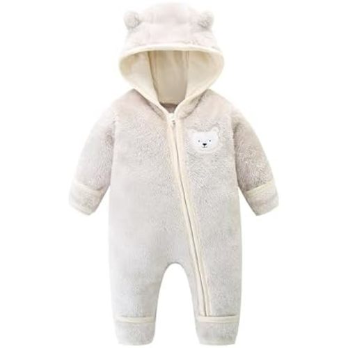 Newborn Baby Fleece Jumpsuit Unisex Infant Bear Hooded Onesie with Mitten Cuffs Winter Warm Snowsuit Outfit