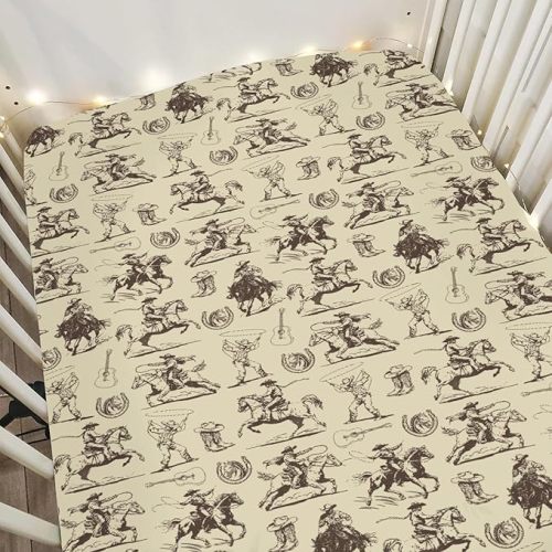Vintage Cowboy Baby Crib Sheets for Boy Girl 28"x52" Western Horses Boots Hats Guitar Soft Stretchy Fitted Crib Mattress Cover Baby Sheet Country Western for Standard Crib & Toddler Bed Mattress