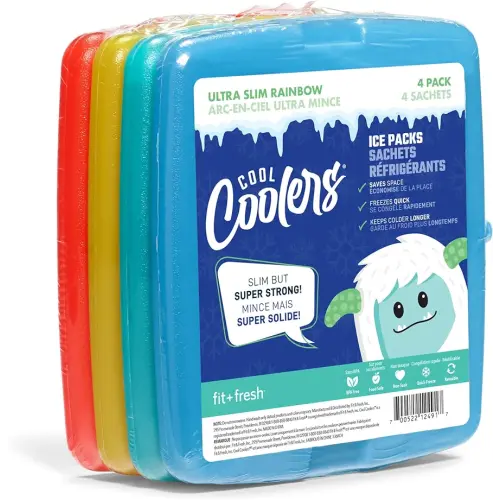 Cool Coolers By Fit & Fresh 4 Pack Slim Ice Packs, Quick Freeze Space Saving Reusable Ice Packs for Lunch Boxes or Coolers, Multi Colored, Single Pack