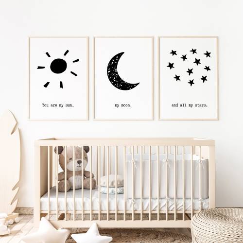 Moon and Stars, Nursery Wall Art, Digital Download, Set of 3, Black and White Printable Wall Art for Baby Room, Playroom Decor