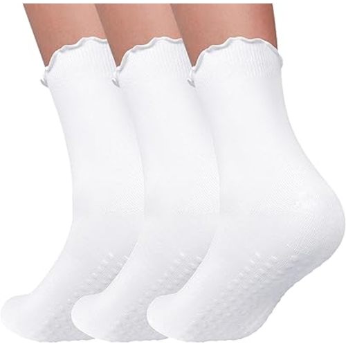 3 Pairs Pilates Socks with Grips Non Slip Ruffle Yoga Socks Grip Socks for Women