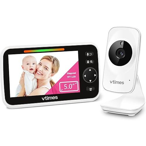 Video Baby Monitor with Camera and Audio No WiFi 5" LCD Screen, Two-Way Audio, Baby Camera Monitor Night Vision,1000ft Range, 2X Zoom Temperature Display, Lullabies for Baby Elderly Pet