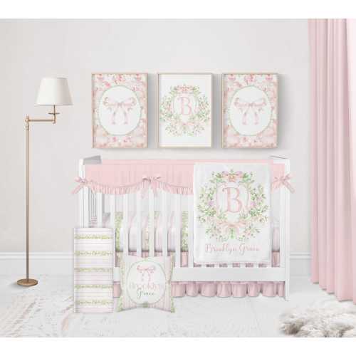 Baby Girl Crib Bedding Set, Pink and Green Crib Bedding, Baby Girl Bedding, Bow Baby Bedding Crib Sets Girl, Grandmillenial Nursery Decor