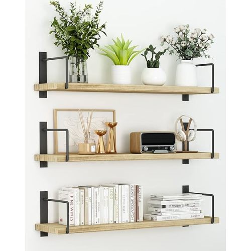 Floating Shelves, 24 Inches, Easy to Install, Wall Mounted, Set of 3, Rustic Wood for Décor, Storage for Living Room, Bathroom, Bedroom