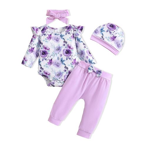 Baby Girl Clothes 0-3 Months Newborn Outfit Infant Romper Fall Winter Girls' Clothing Set Hat Headband Gift Ruffle Long Sleeve Floral Top Purple Solid Pant 4Pcs