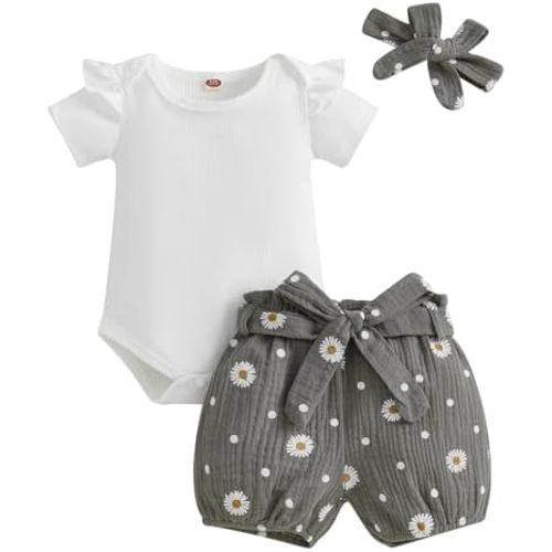 Kaipiclos Newborn Infant Girl Clothes Rib Knit Romper Daisy Print Shorts Headband Baby Summer Clothes 0 3 6 12 18 24 Months