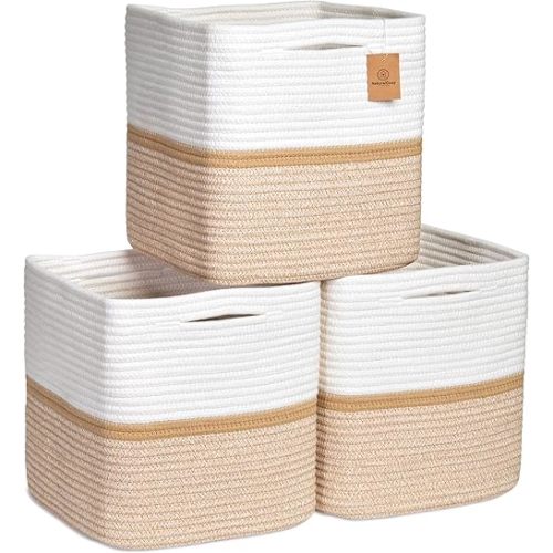 NaturalCozy Storage Cubes 11 Inch Cotton Rope Woven Baskets for Organizing, 3-Pack |