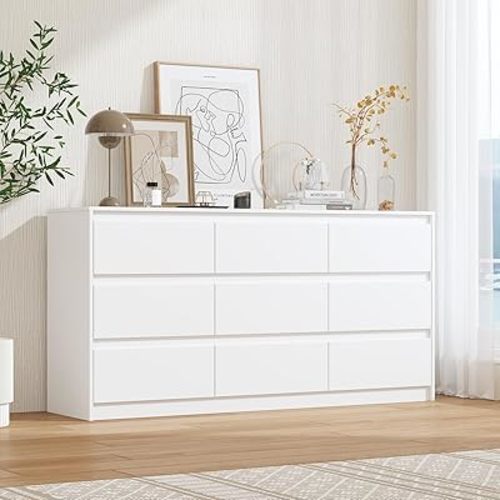 FUFU&GAGA 9 Drawer Dresser Chest of Drawers, 63” Wide Dressers, Modern Wood Drawer Chest Storage Organizer, No Handle Design for Bedroom Living Room Hallway, White 63”W x 15.7”D x 31.5”H