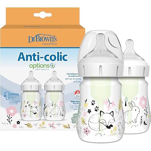 Dr. Brown’s Natural Flow Anti-Colic Options+ Wide-Neck Baby Bottle Designer Edition Bottles, Woodland Decos, 5 oz/150 mL, Level 1 Nipple, 2-Pack, 0m+