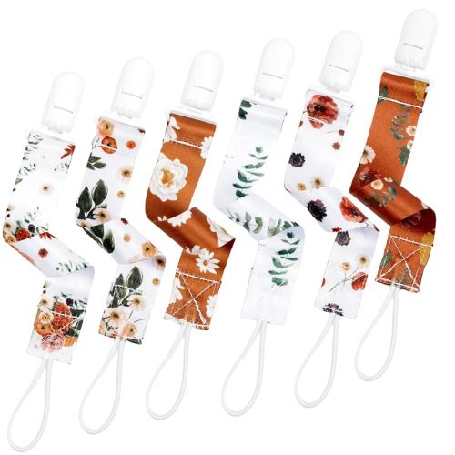 Neutral Pacifier Clip Set, 6 Pack Pacifier Holder Clip for Boys and Girls, Stylish and Practical Baby Binky Teethers, Baby Shower (Vintage Blooms)