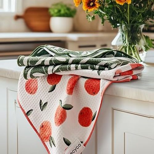 RECYCO Waffle Kitchen Towel Set of 2 - Quick Dry Microfiber Sustainable Dish Towels - Ultra Absorbent Reusable Cleaning Tea Towels - Lightweight Hand Towels,16”x 28”, Peachy Leaves