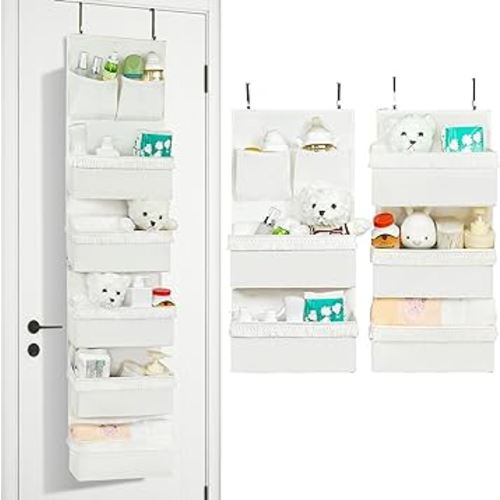 LZOTIC Over The Door Organizer Boho Nursery Door Organizer Hanging for Closet Baby Storage Decor with Tassels Back Behind The Door Storage with Diaper Toy Newborn Essential White