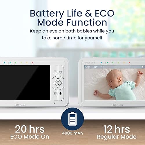 Babysense HD 5" Video Baby Monitor with Camera and Audio, No WiFi/App, Secure Closed-Loop, Night Vision, Pan-Tilt-Zoom, VOX Audio Alerts, White Noise & Lullabies, Up to 1000 ft Range, 20-Hour Battery