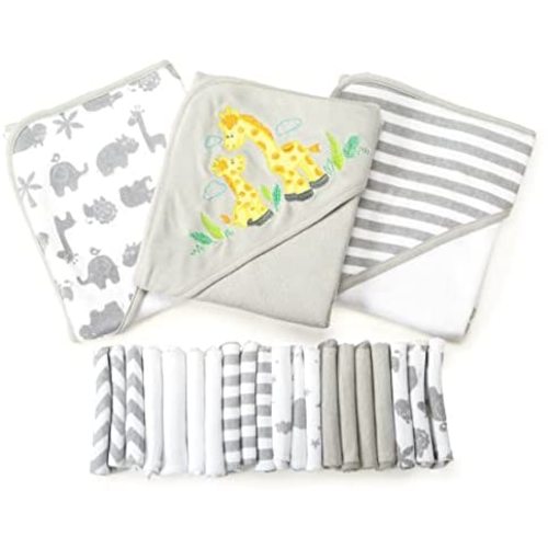 Spasilk Bath Hooded Towels & Washcloths Set for Babies, 23-Piece Gift Set, Grey, (Gift GBA23 0501)