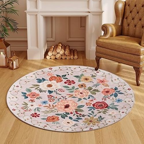 DUKINO Floral Round Rug, 4ft Washable Round Area Rug, Non Slip Indoor Low Pile Circle Rug, Soft Small Boho Design Circle Rug for Bedroom, Entryway, Living Room, Dining Room,Beige