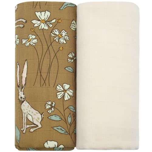 LifeTree Muslin Baby Swaddle Blankets, Swaddling Neutral Newborn Receiving Blanket for Boys & Girls, 70% Viscose from Bamboo and 30% Cotton, Large 47 x 47 Floral with Bunny Print