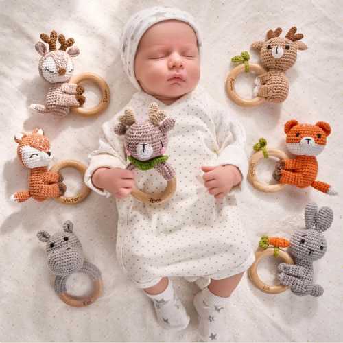 Personalized Toy Rattle · Baby gift · Animal Crochet Baby Rattle · Wooden rattle · Teether bites wood · Soothing rattle · Baby shower