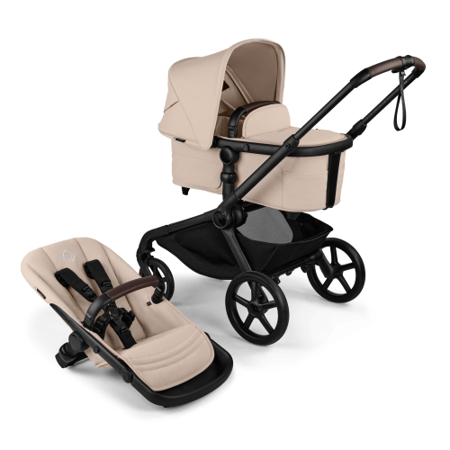 Bugaboo Kangaroo single-to-double stroller black base, desert taupe fabrics, desert taupe sun canopy