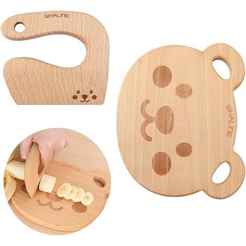 Whaline Wooden Kids Knife Set Cute Bear Wooden Cutting Board and Safe Wooden Kids Knife Natural Thick Montessori Knife for Kids Toddlers Kitchen Tools Vegetable and Fruit Cutter Cooking, 2Pcs