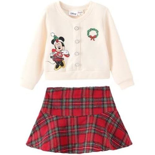 Disney Frozen Elsa Stitch Princess Moana Minnie Toddler Girl 2 Piece Outfit Kid Pearl Button Knit Top & Tweed Skirt Set 2-13Y
