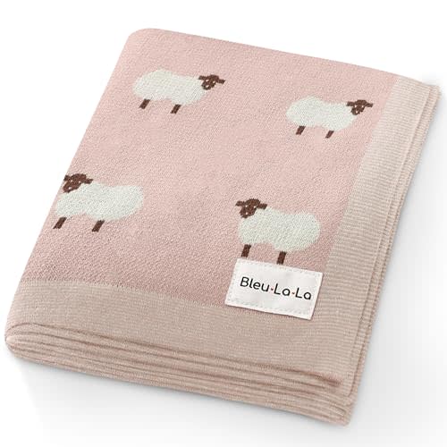 Bleu La La Luxury Knit Baby Receiving Blanket - 100% Cotton Soft Cozy Lightweight Receiving Swaddler Crib Stroller Blanket for Shower Gift Registry for Newborns Infants Toddlers (Sheep - Light Pink)